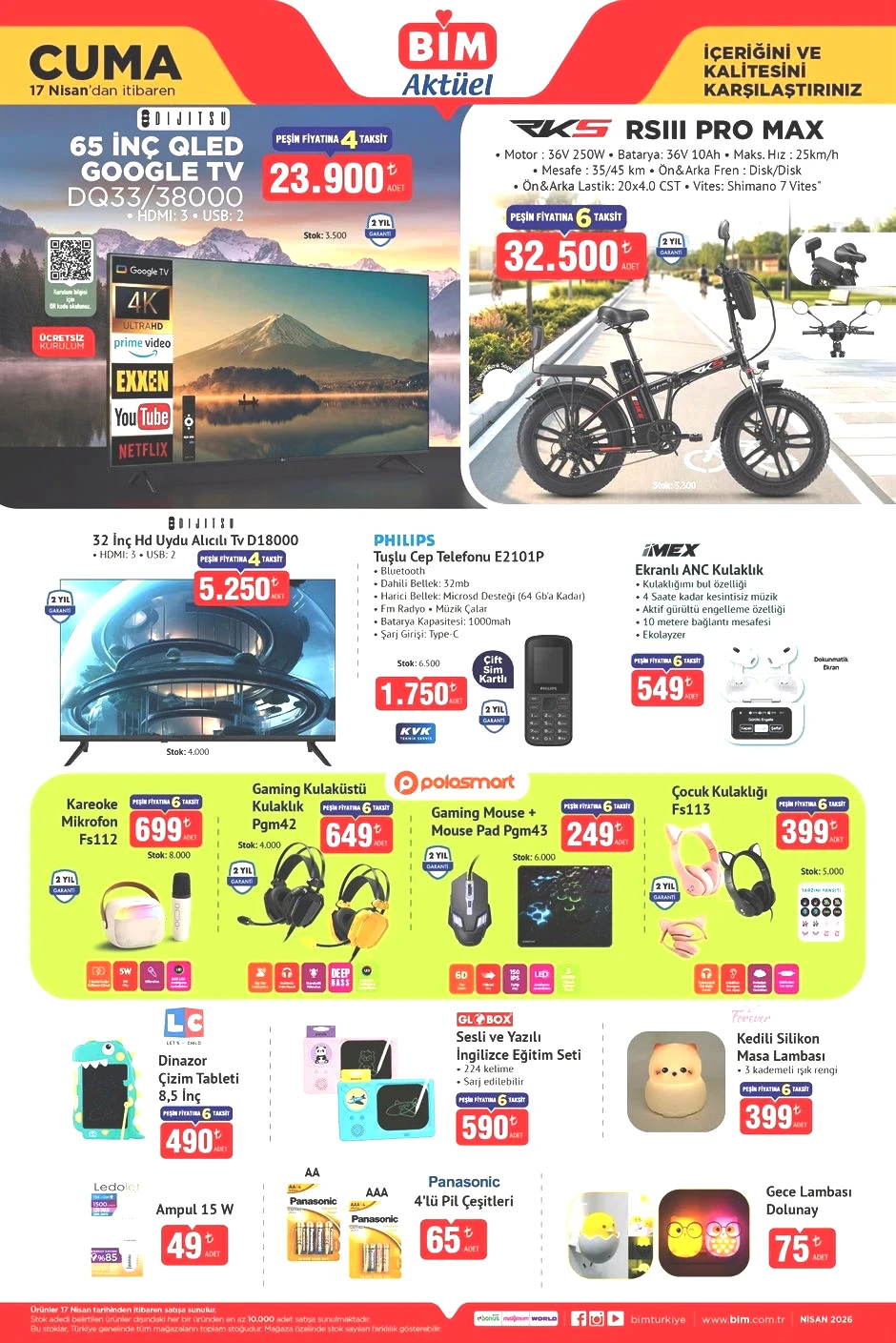 RAFLARDA YEPYENİ BİM AKTÜEL 17 NİSAN 2026 KATALOĞU İNDİRİMLİ BROŞÜRÜ TAM LİSTE || Bimde bu hafta neler var Bim aktüel afişi Sepetli Bisiklet, Tuşlu Telefon, Işıklı Scooter satışa çıktı